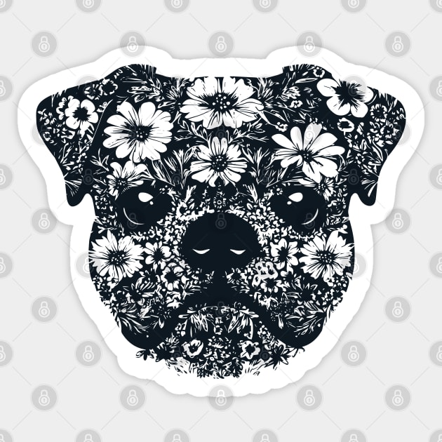 Floral Pug Art – Cute Botanical Dog Design Sticker by TuncGK